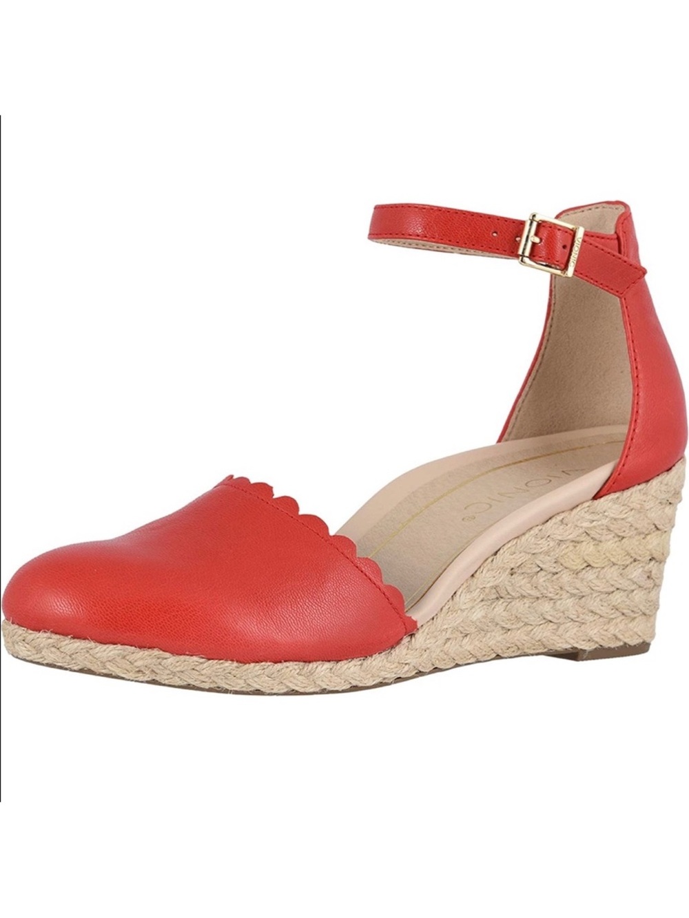 Vionic Anna Cherry Red Scalloped Closed Toe Wedge Sandals Size 9